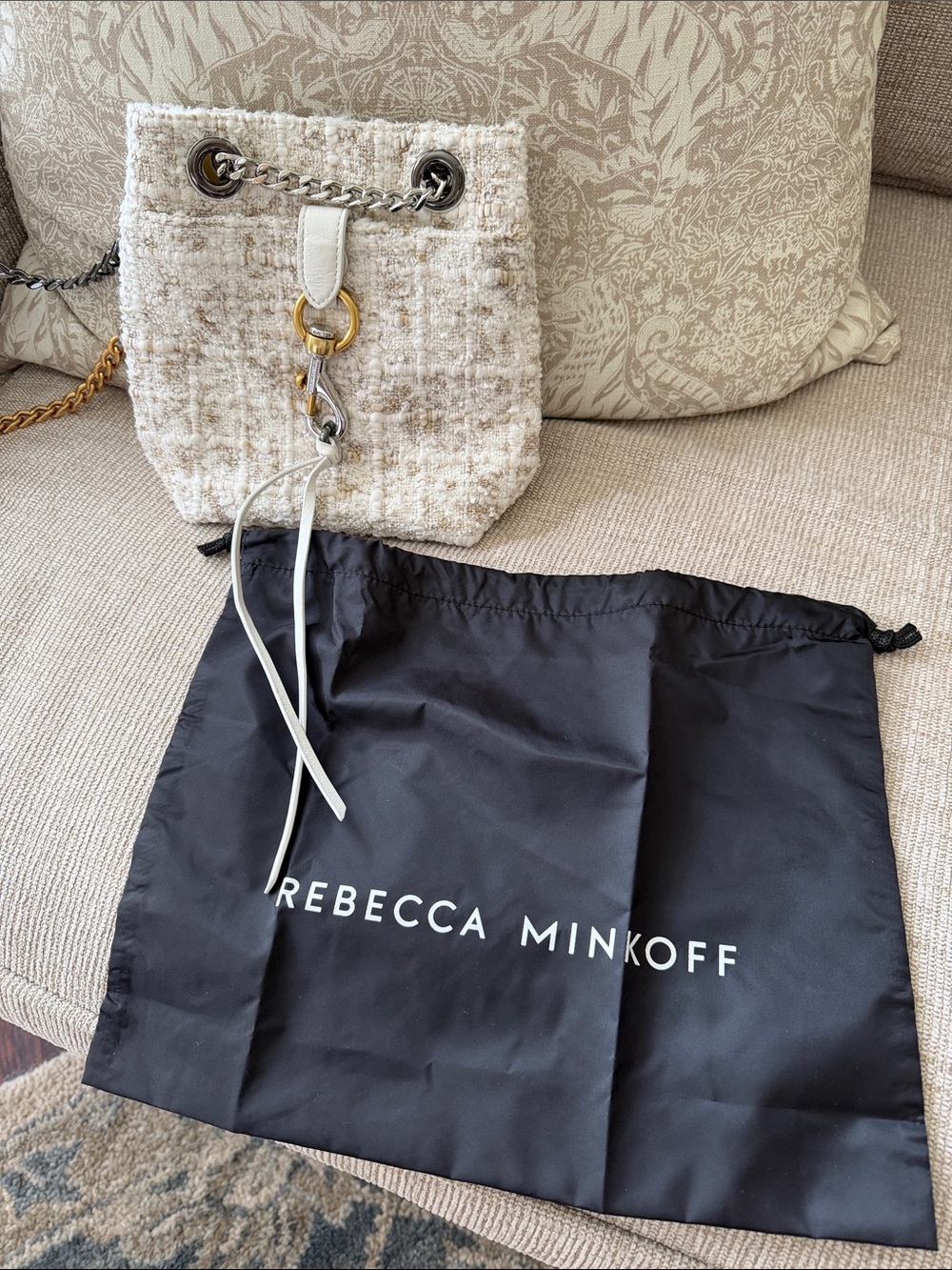 Rebecca Minkoff Cream Tweed Drawstring Bucket Bag with Mixed Metal Chain